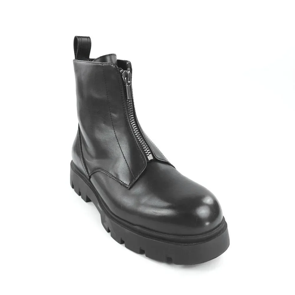 ZARA 100% Leather Lug Sole Zip Front Combat Boots Black Y2k Goth Grunge Indie